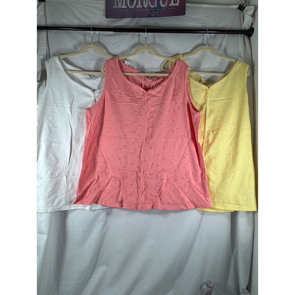 Basic Editions Womens 3X Eyelet Henley Tank Tops 3-Pack Pink Yellow White Cotton